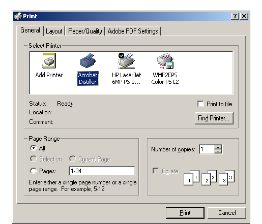 TrueTeX Print dialog with Adobe Distiller selected