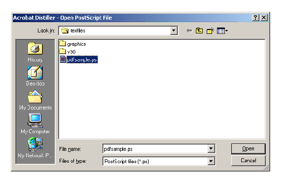 Acrobat Distiller Open PostScript File dialog