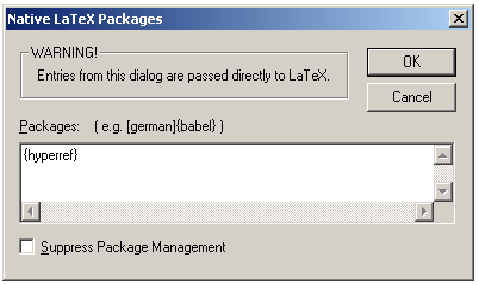 Native LaTeX Packages dialog